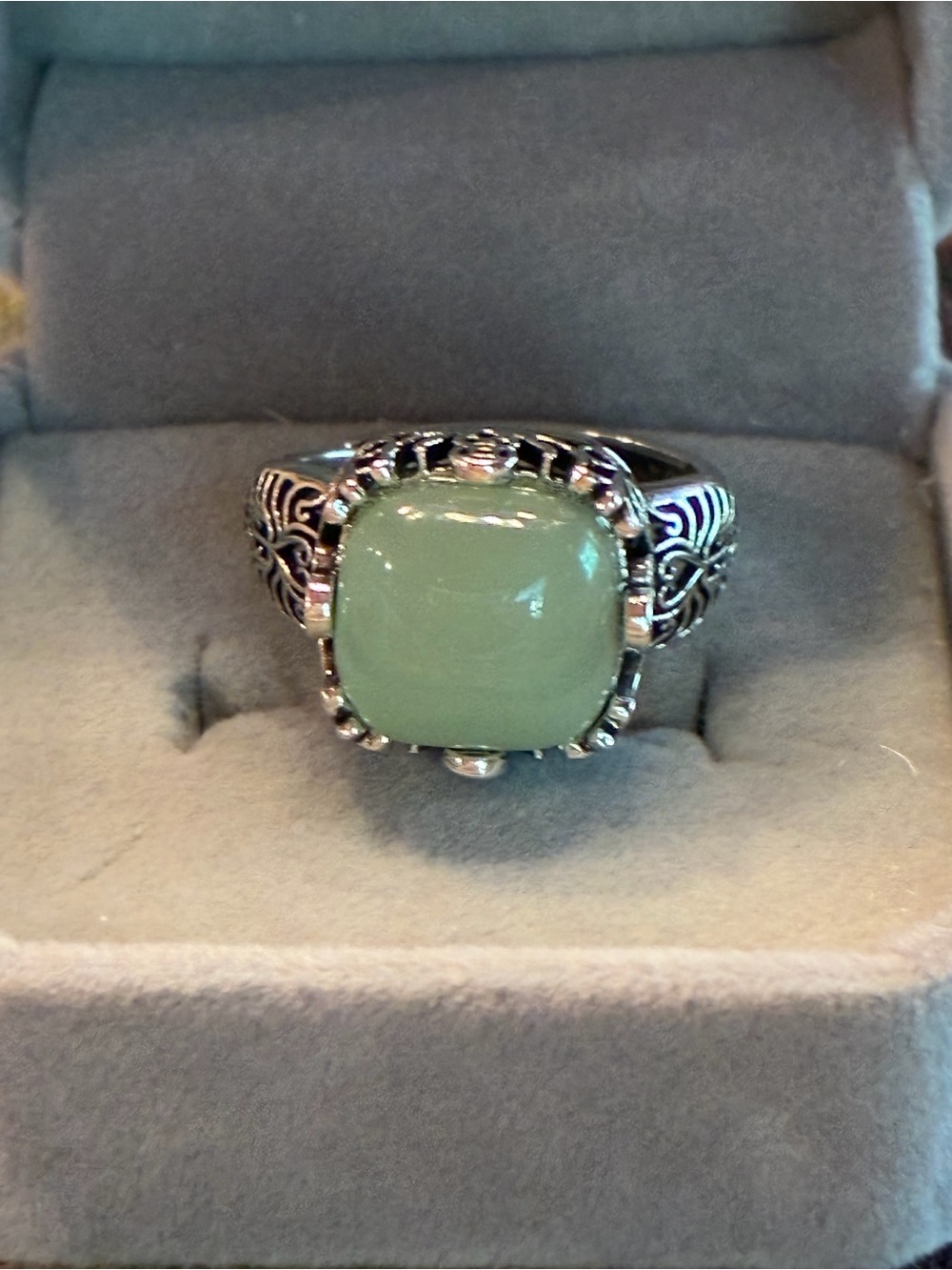 Sterling Silver Filigree Ring with Green Cushion Stone